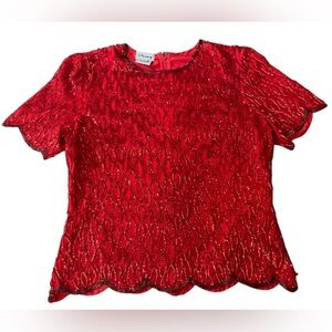 Stenay Vintage 80s Red Silk Glitz Glam Sparkly Sequin Beaded Party Valentine Top